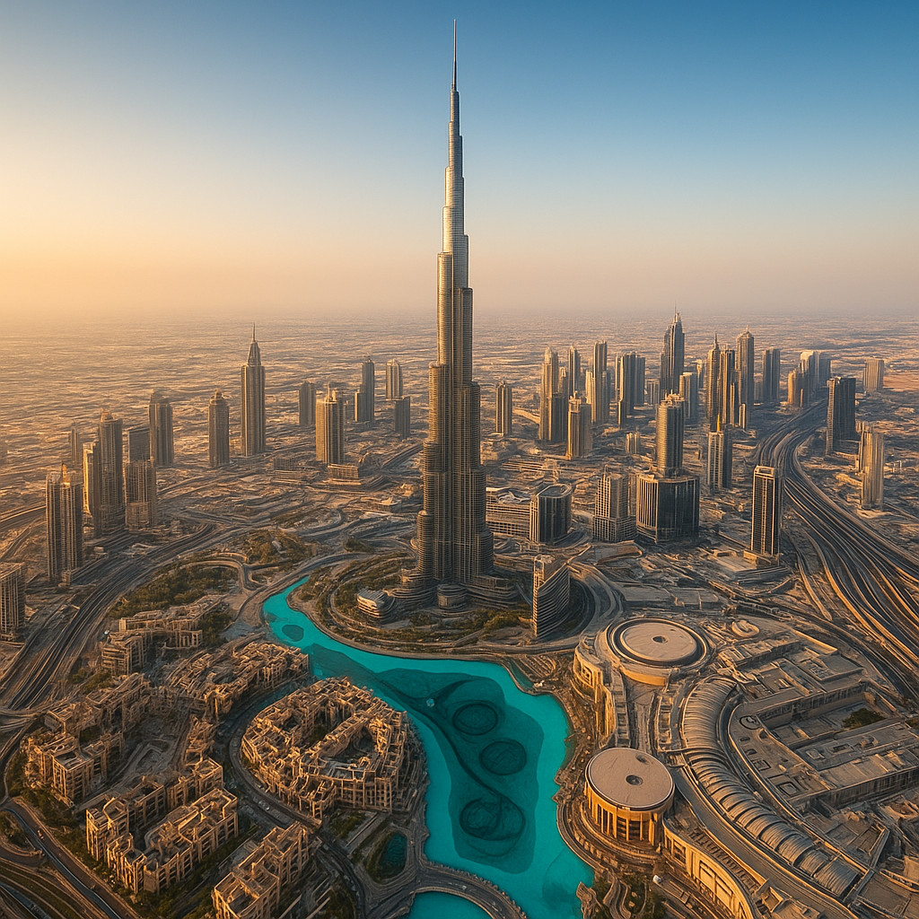 Aerial view of Downtown Dubai showing the Burj Khalifa, Dubai Mall and the surrounding residential district