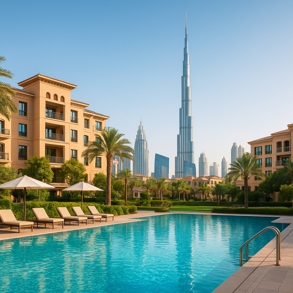 Expats enjoying the rooftop pool terrace of a modern Dubai residential community in the evening