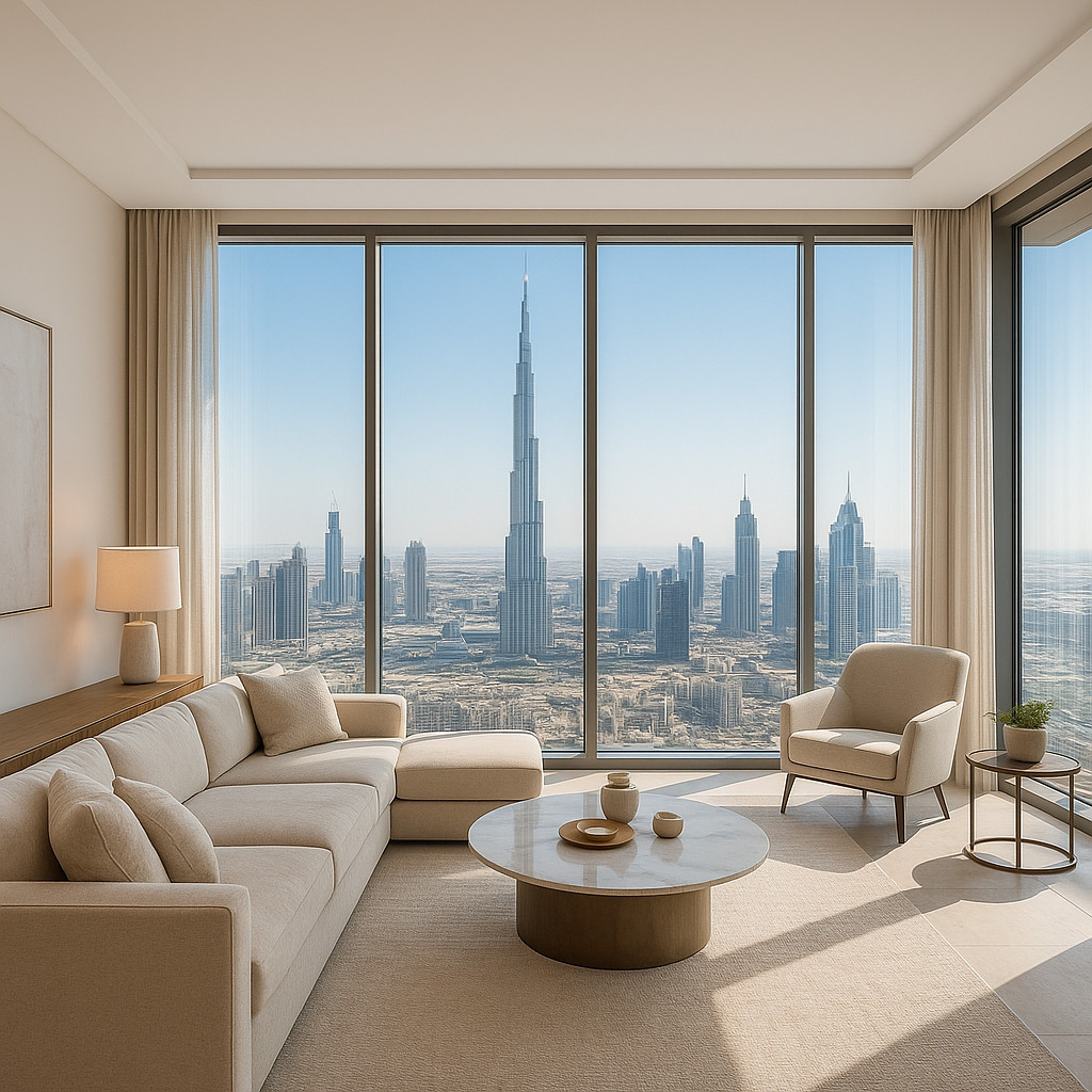 Modern luxury apartment living room in Dubai with floor-to-ceiling windows overlooking the city skyline