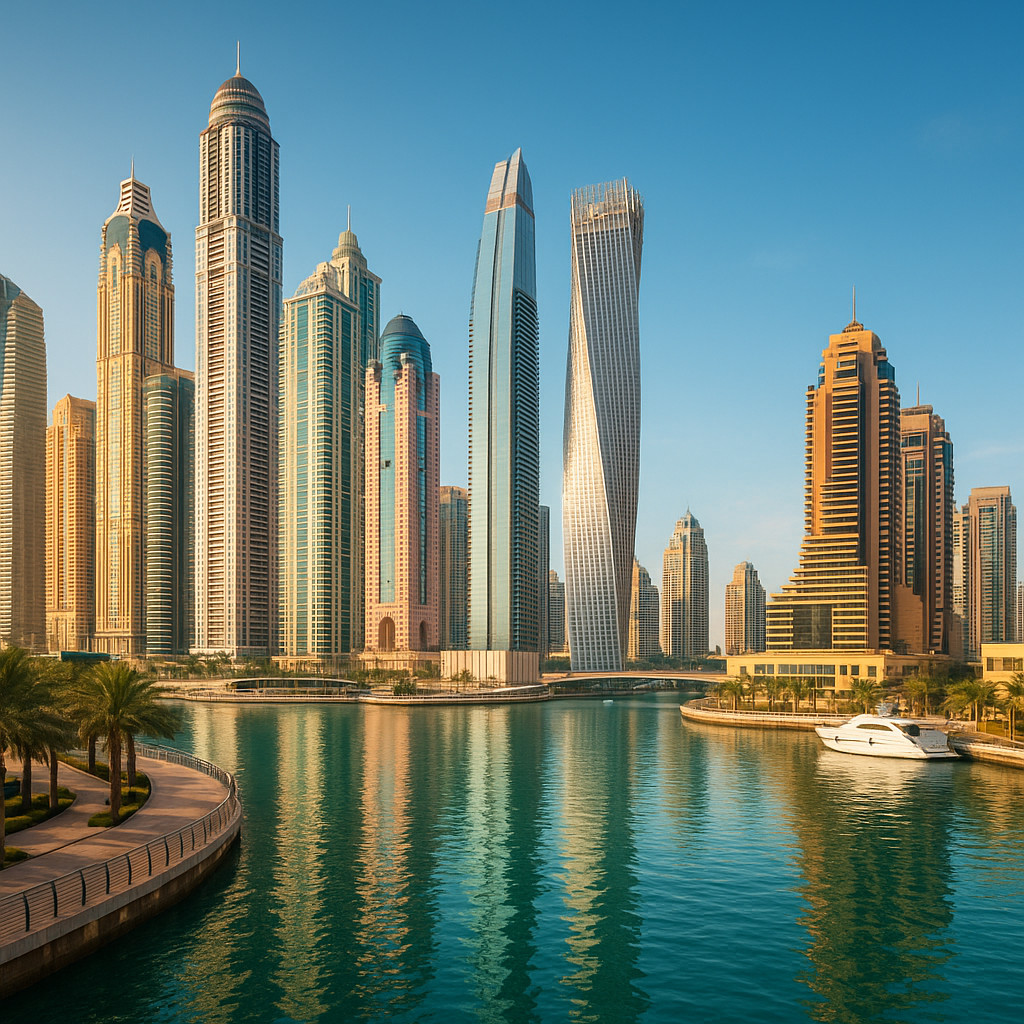 Dubai Marina at dusk with illuminated high-rise residential towers reflected in the water
